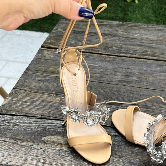 SCHUTZ Crystal Rhinestone Embellished Strappy Heels Nude Tan 6.5 - Picture 6 of 14